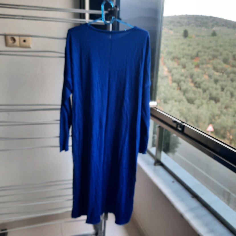 Uzun Kollu Mavi Keten Tunik - Görsel 3