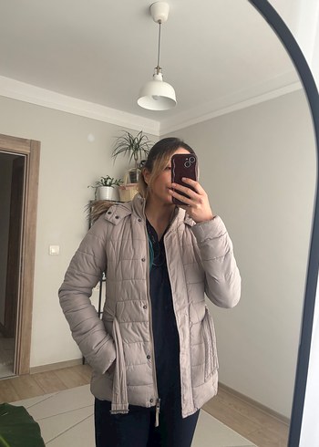 Kemerli bej Gri Kadın Kışlık Mont - Görsel 3