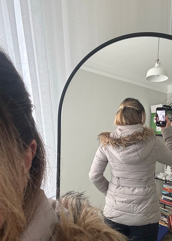 Kemerli bej Gri Kadın Kışlık Mont - Görsel 5