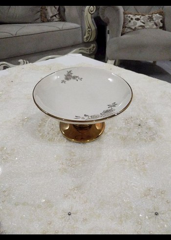 Gri Çiçek Desenli Beyaz Porselen Servis Tabağı - Görsel 2