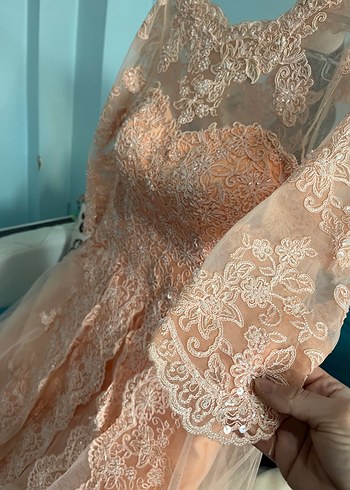 Pembe Dantel İşlemeli Uzun Kollu Nişan Elbisesi - Görsel 10