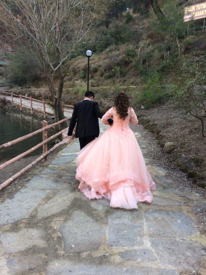 Pembe Dantel İşlemeli Uzun Kollu Nişan Elbisesi - Görsel 3