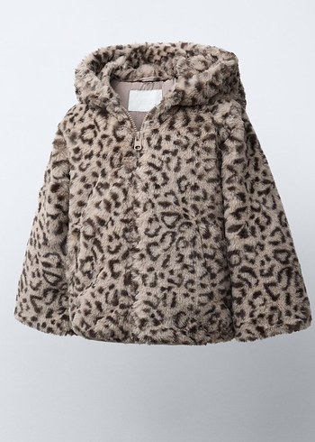 ZARA Kapüşonlu Leopar Desenli Kız Çocuk Peluş Mont - Görsel 2