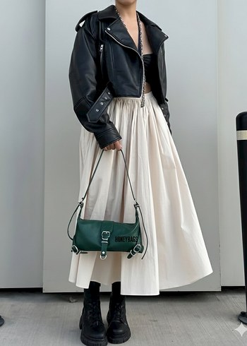 Yeşil Parlak Deri Kadın Omuz Çantası - Görsel 2