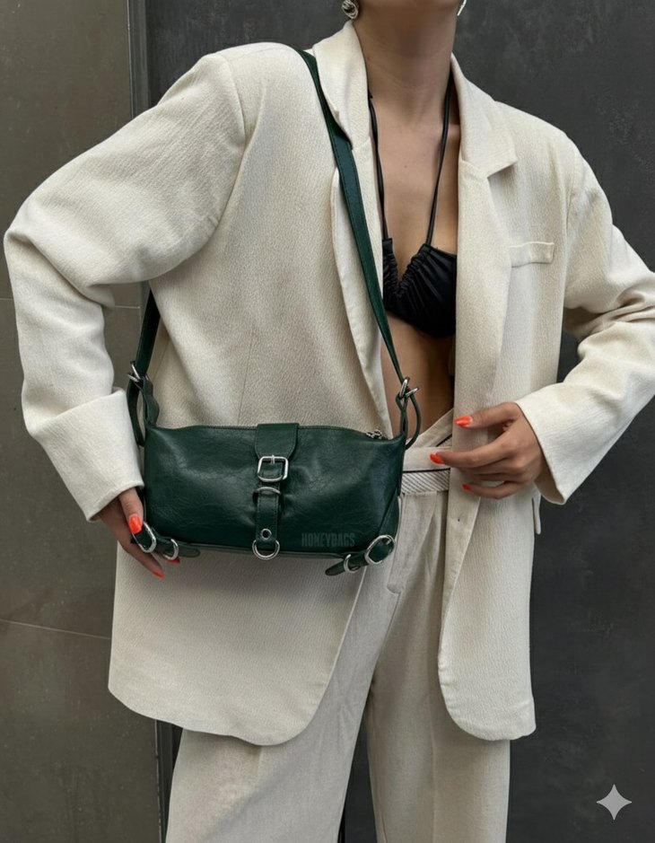 Yeşil Parlak Deri Kadın Omuz Çantası - Görsel 3