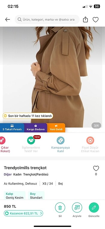 34 Beden Trençkot