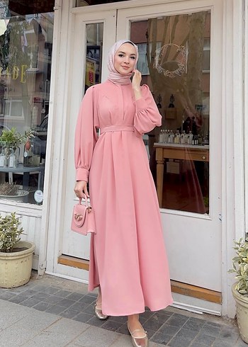 Pembe Krep Uzun Elbise