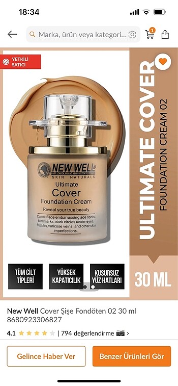 New Well Cover Şişe Fondöten