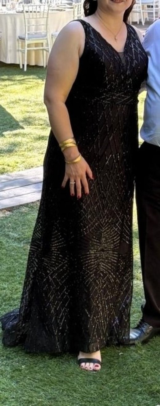 Siyah Drapeli Uzun V Yakalı Abiye Elbise - Görsel 3