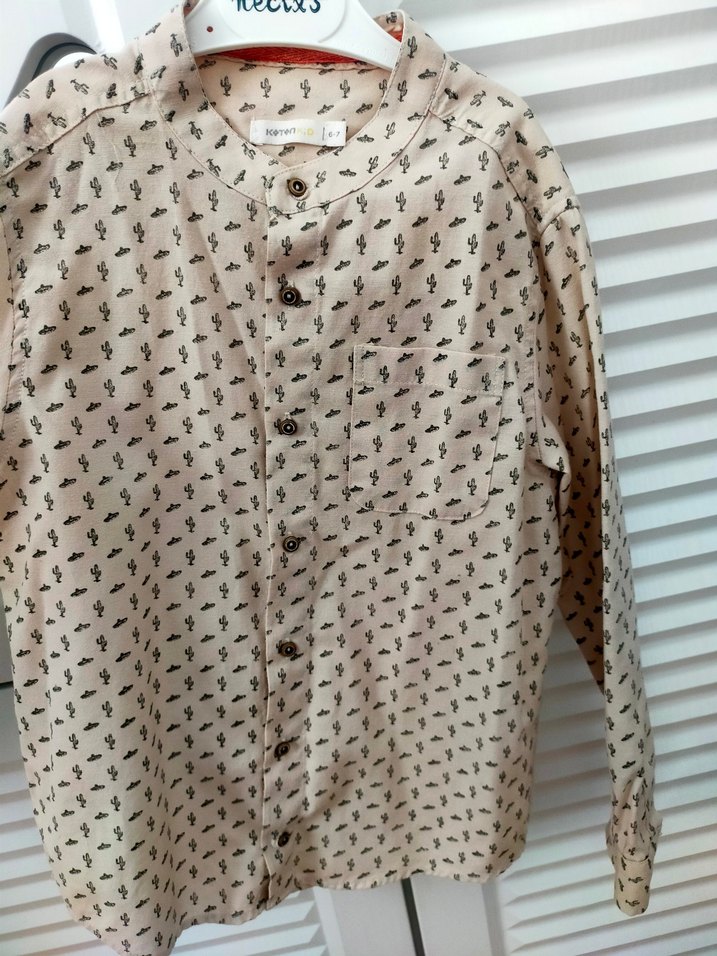 6/7 yaş Bej Erkek Çocuk Uzun Kollu Pamuklu Gömlek - Görsel 3