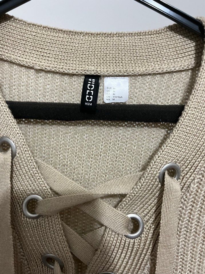 Bej Bağcıklı Örgü Kadın Kazak - Görsel 2