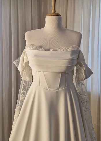 Uzun Beyaz Straplez A Kesim Vintage Gelinlik - Görsel 3