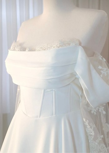 Uzun Beyaz Straplez A Kesim Vintage Gelinlik - Görsel 4