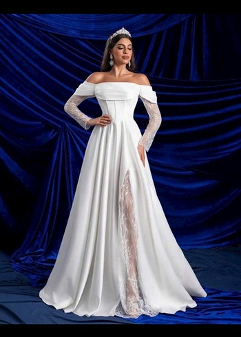 Uzun Beyaz Straplez A Kesim Vintage Gelinlik - Görsel 7