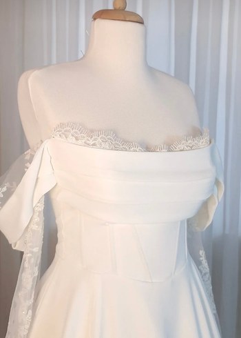 Uzun Beyaz Straplez A Kesim Vintage Gelinlik - Görsel 5