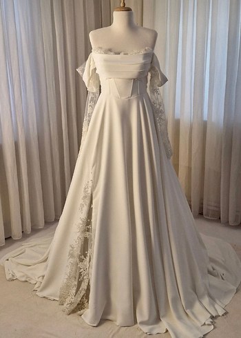 Uzun Beyaz Straplez A Kesim Vintage Gelinlik - Görsel 2