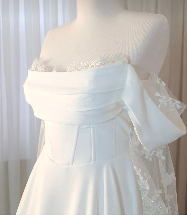 Uzun Beyaz Straplez A Kesim Vintage Gelinlik - Görsel 4