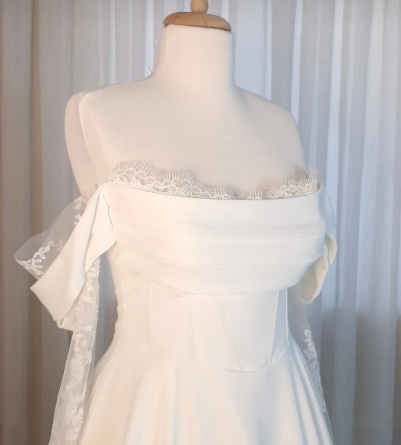 Uzun Beyaz Straplez A Kesim Vintage Gelinlik - Görsel 5