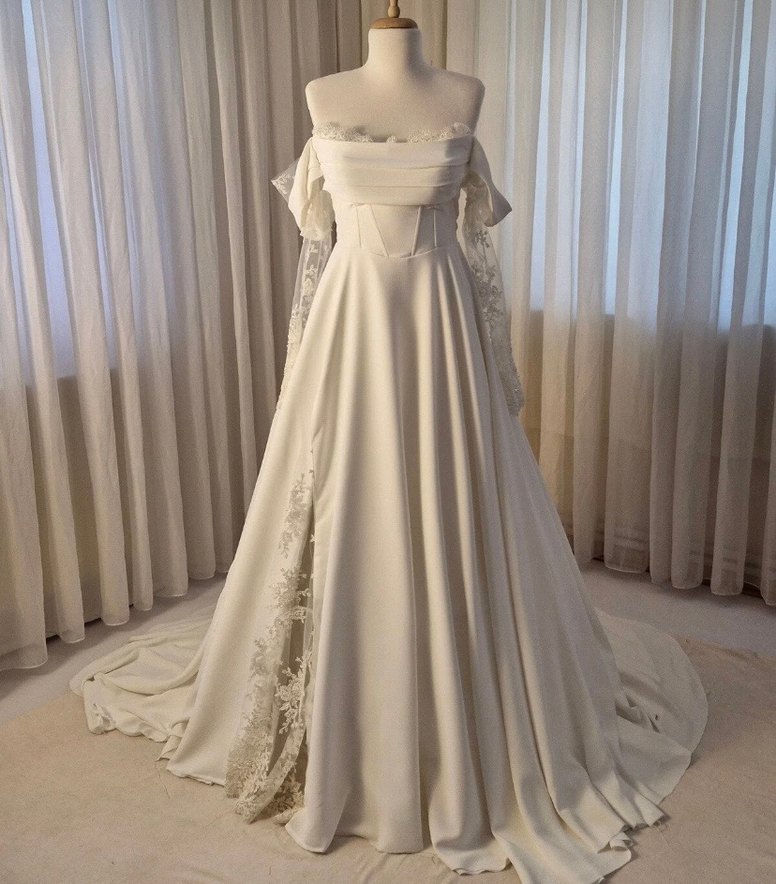 Uzun Beyaz Straplez A Kesim Vintage Gelinlik - Görsel 2