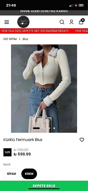 Zara Krem tüylü yakalı fermuarlı hırka/ crop ARIYORUM