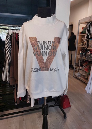Beyaz taş baskılı Uzun Kollu Kadın Sweatshirt