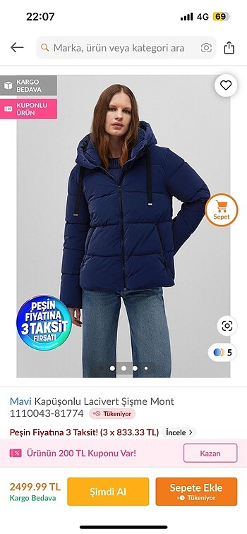 Mavi jeans lacivert şişme mont