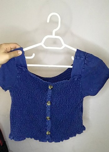 Düğmeli Mavi Triko Crop Bluz - Görsel 2