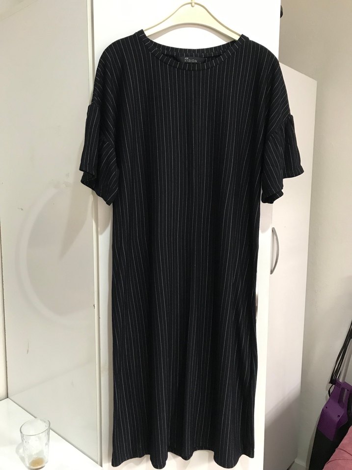 Siyah Çizgili Midi Elbise - Görsel 2