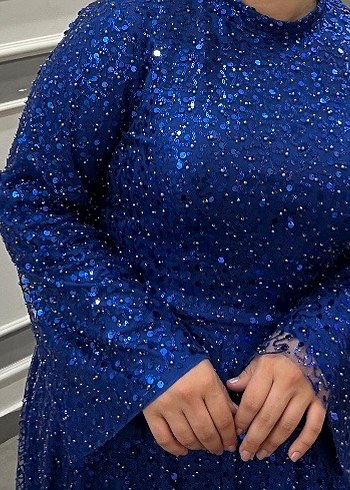 Parlak Mavi Uzun Kollu Abiye Elbise - Görsel 3