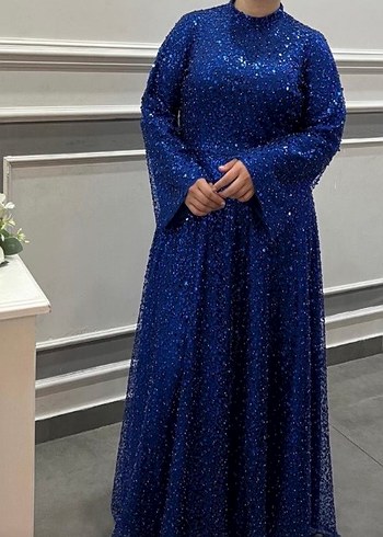 Parlak Mavi Uzun Kollu Abiye Elbise - Görsel 2