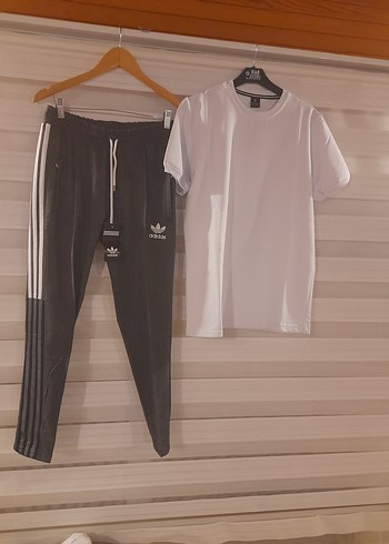 L beden Gri Erkek Eşofman Altı ve Beyaz Tişört bay bayan icin - Görsel 2