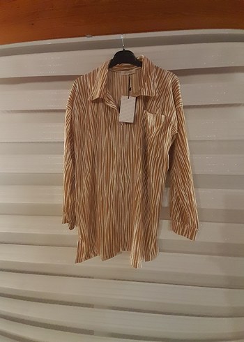 xl beden Bej Zebra Desenli Uzun Kollu kumaş Gömlek - Görsel 2