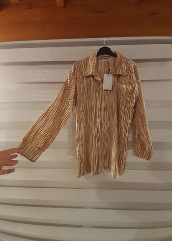 xl beden Bej Zebra Desenli Uzun Kollu kumaş Gömlek - Görsel 3