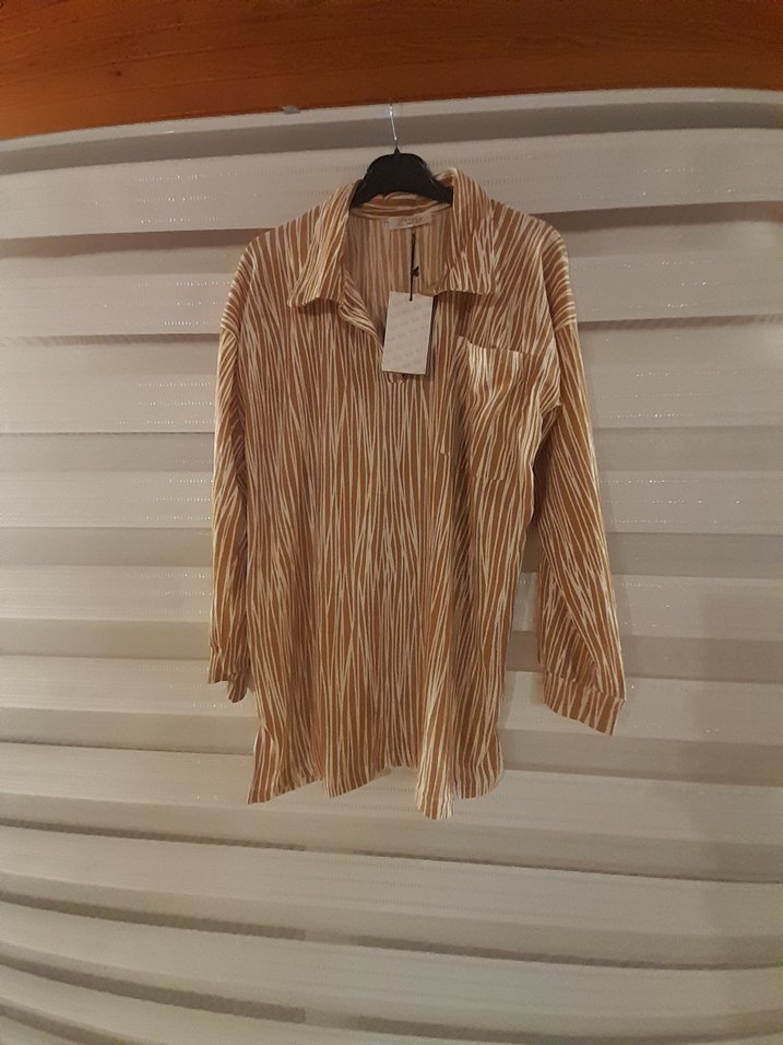 xl beden Bej Zebra Desenli Uzun Kollu kumaş Gömlek - Görsel 2