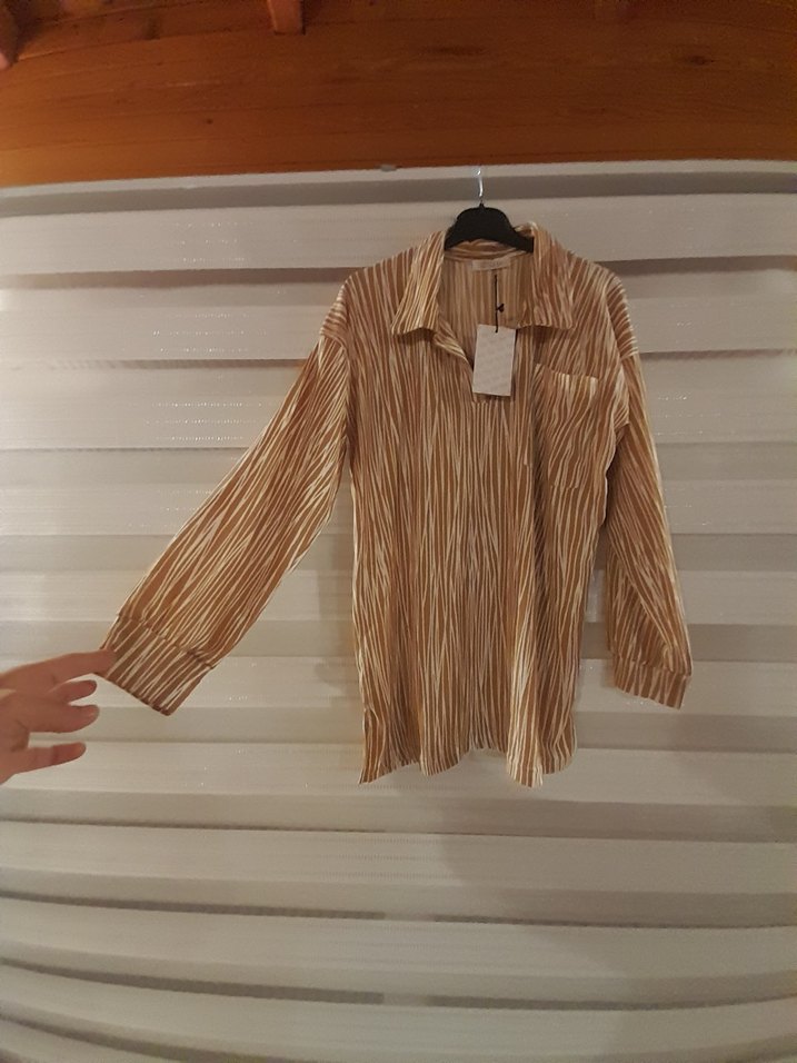 xl beden Bej Zebra Desenli Uzun Kollu kumaş Gömlek - Görsel 3