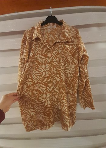 xl beden Bej Zebra Desenli Bohem Uzun Kollu Gömlek - Görsel 2