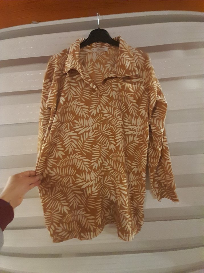 xl beden Bej Zebra Desenli Bohem Uzun Kollu Gömlek - Görsel 2