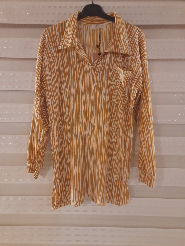 xl beden Bej Zebra Desenli Bohem Uzun Kollu Gömlek - Görsel 5