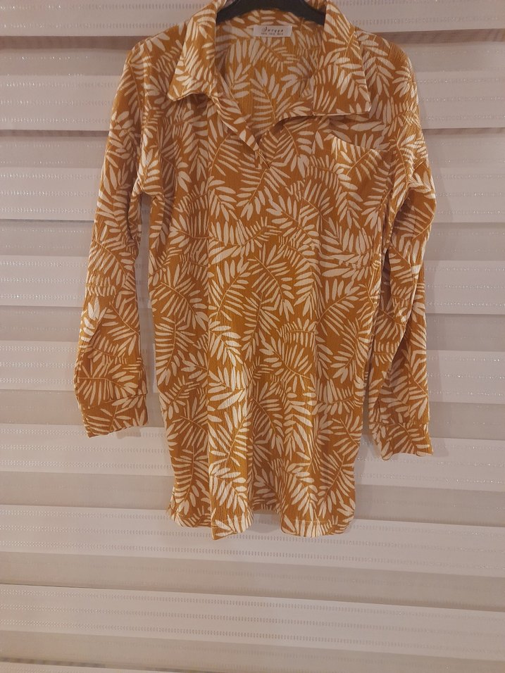 xl beden Bej Zebra Desenli Bohem Uzun Kollu Gömlek - Görsel 3