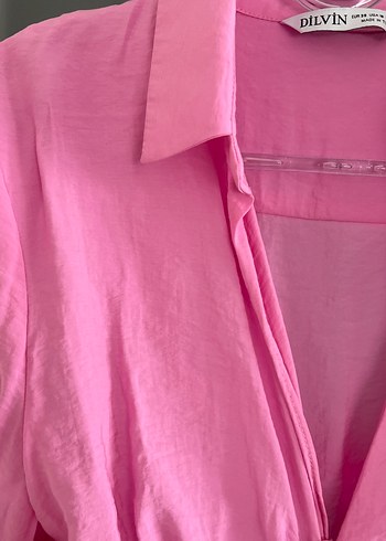 Dilvin Düğmeli Pembe Keten Kadın Gömlek
