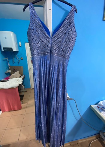 Mavi Pileli Uzun Abiye Elbise - Görsel 4