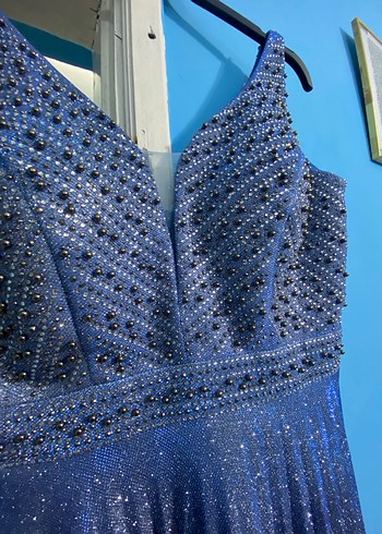 Mavi Pileli Uzun Abiye Elbise - Görsel 3