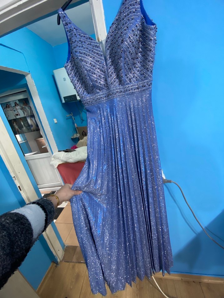 Mavi Pileli Uzun Abiye Elbise - Görsel 2