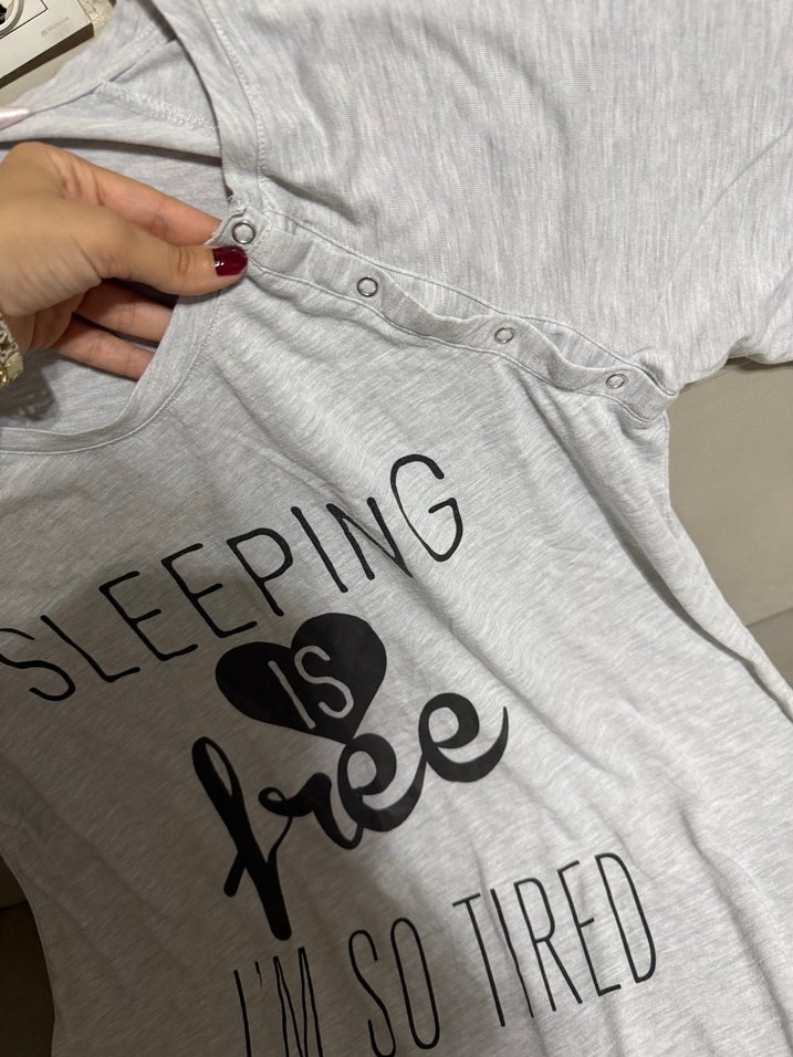 Gri Hamile pijaması  V Yaka Düğmeli - Görsel 3