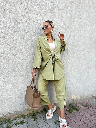 Haki keten kimono takım