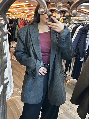 l Beden Gri Oversize Kaşe Ceket