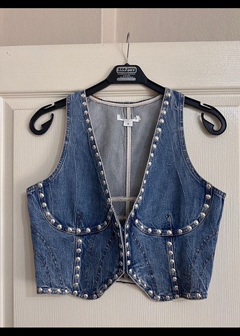 s Beden mavi Renk Zımba Detaylı Denim Yelek