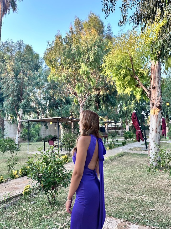 Drapeli Mor Uzun  Abiye Elbise - Görsel 2