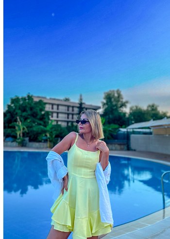 Sarı Drapeli Mini Straplez Elbise