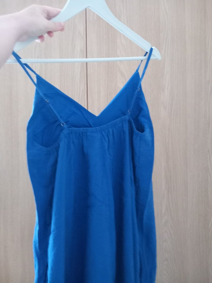 Mavi Keten Uzun Askılı Tulum - Görsel 2